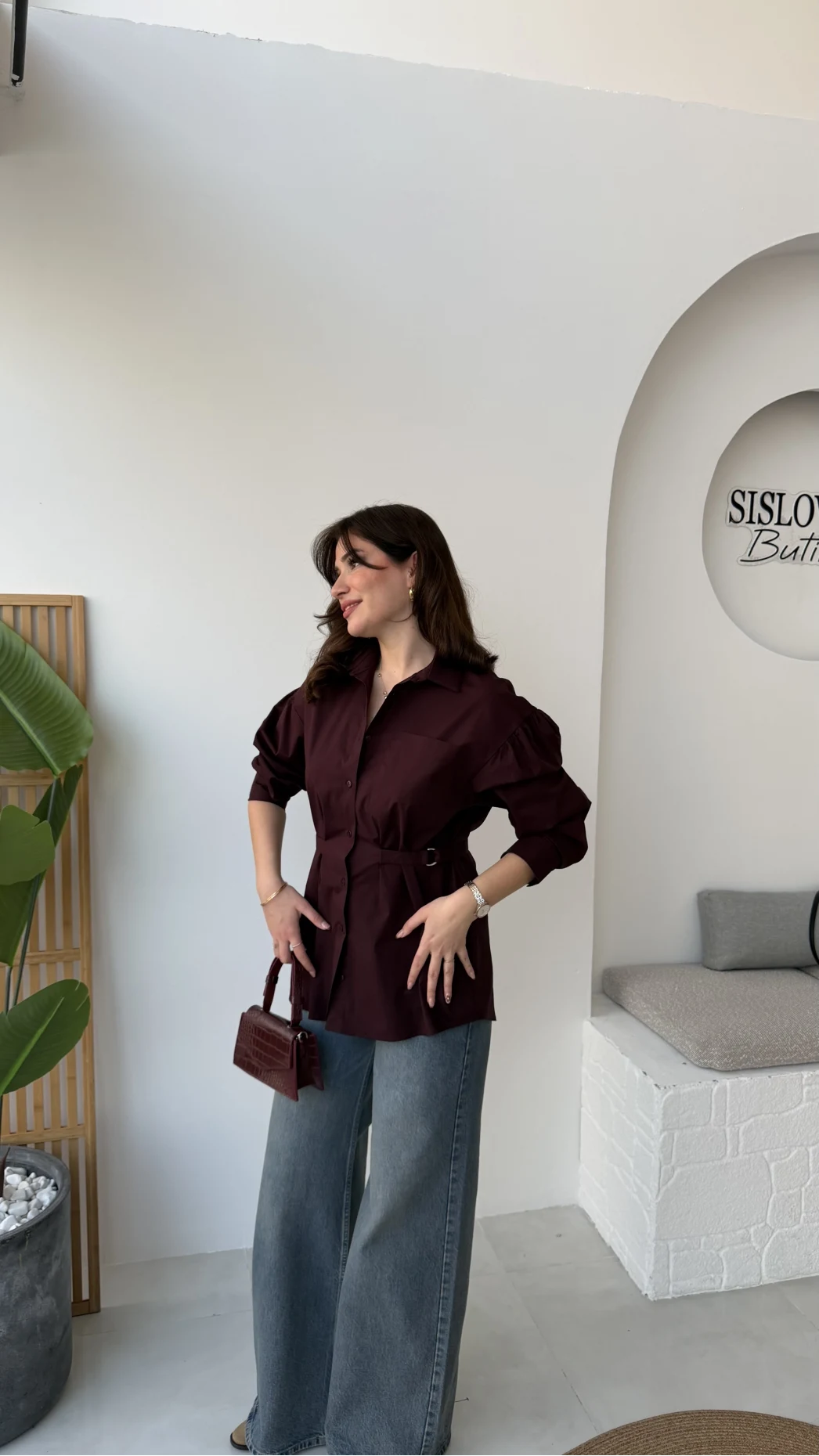 Heidi Bağlama Detay Gömlek - Mürdüm - Kod: 5441