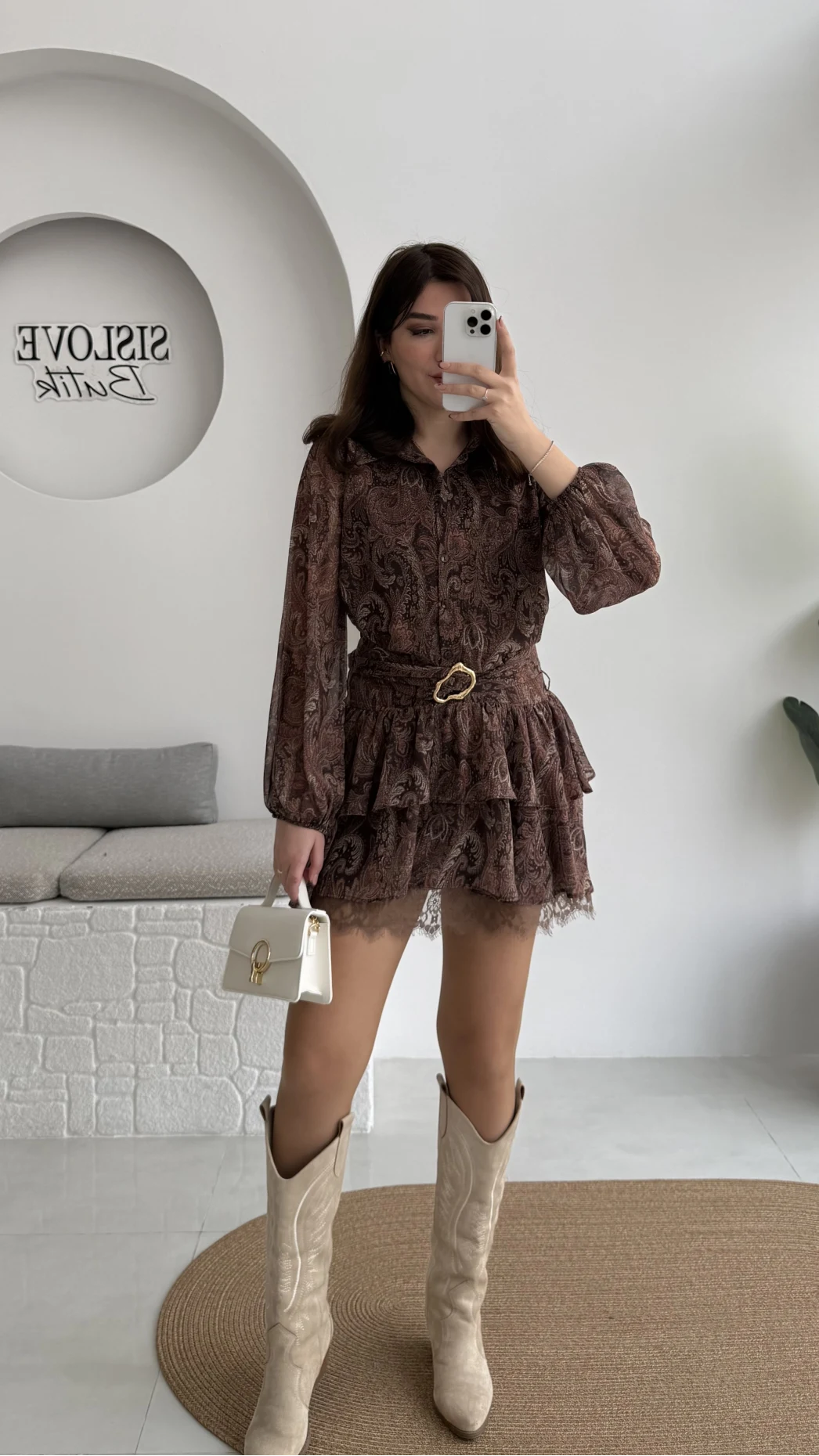 Helen Şifon Kısa Elbise - Kahverengi - Kod: 3071