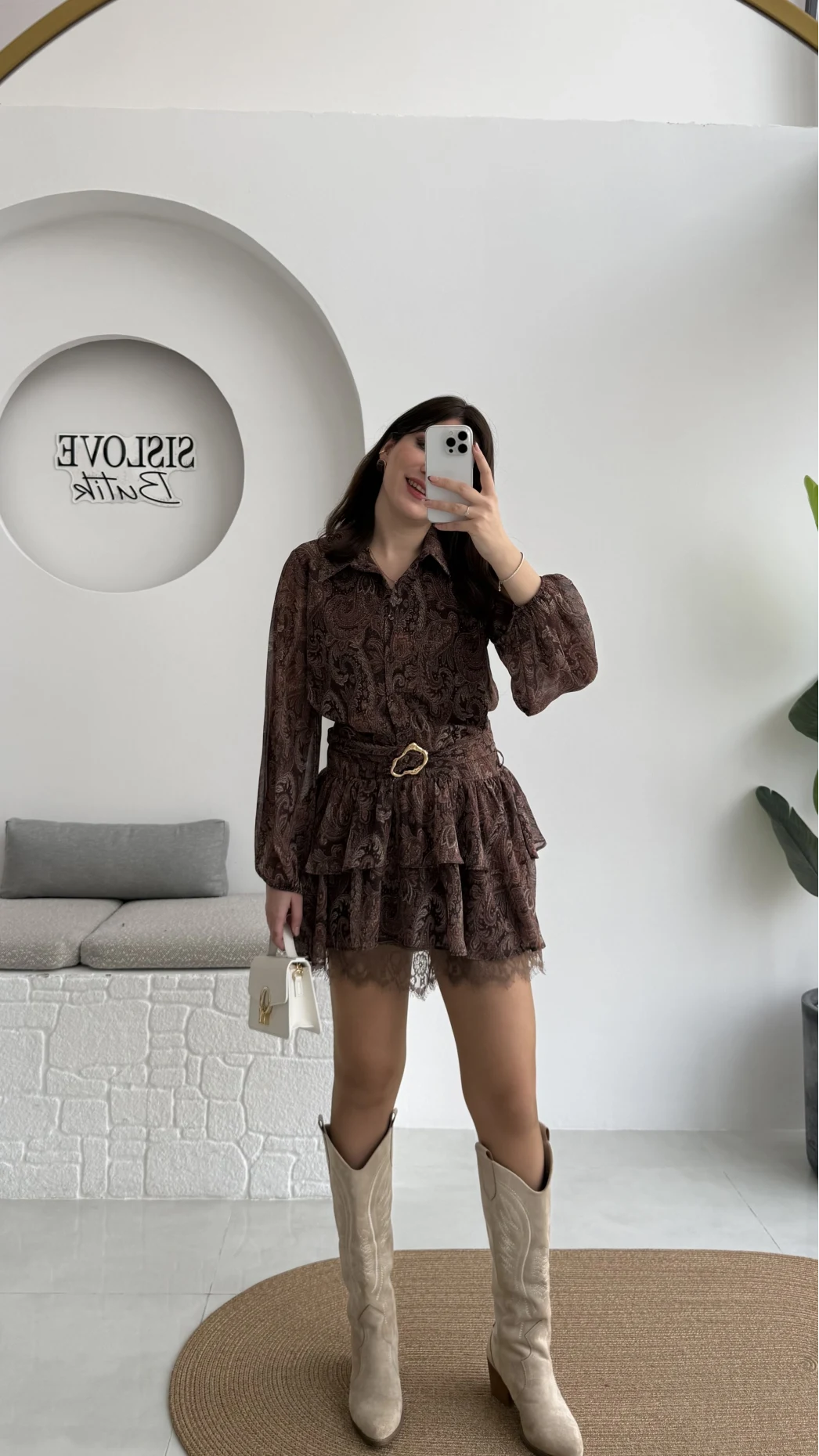 Helen Şifon Kısa Elbise - Kahverengi - Kod: 3071