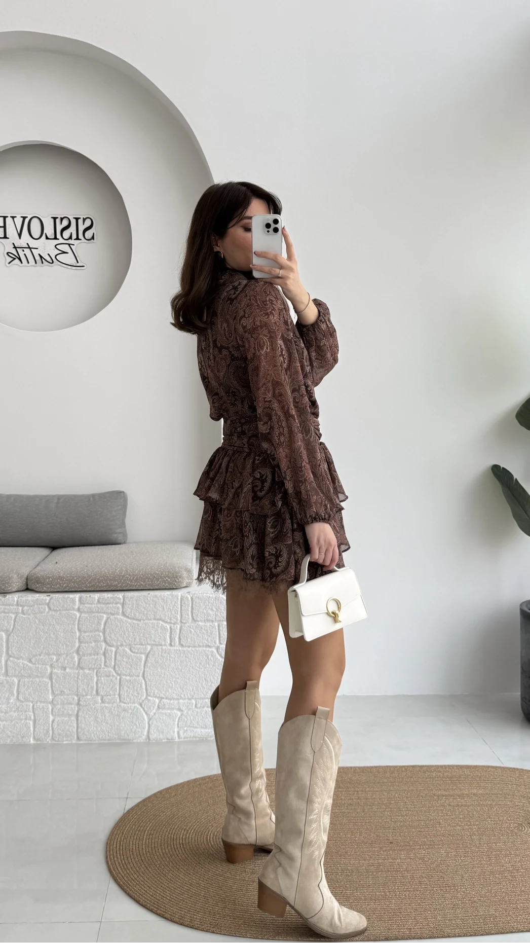 Helen Şifon Kısa Elbise - Kahverengi - Kod: 3071