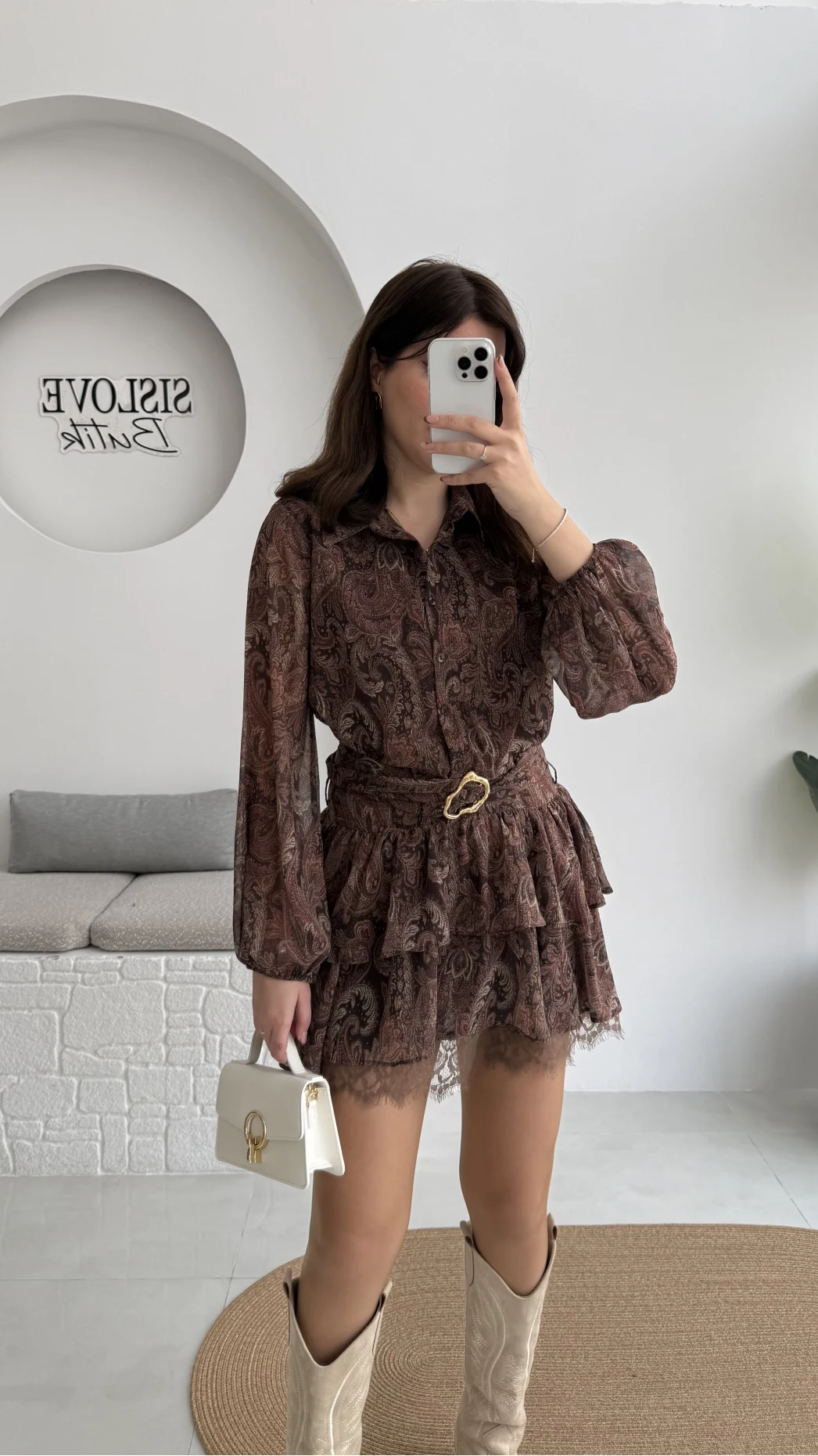 Helen Şifon Kısa Elbise - Kahverengi - Kod: 3071