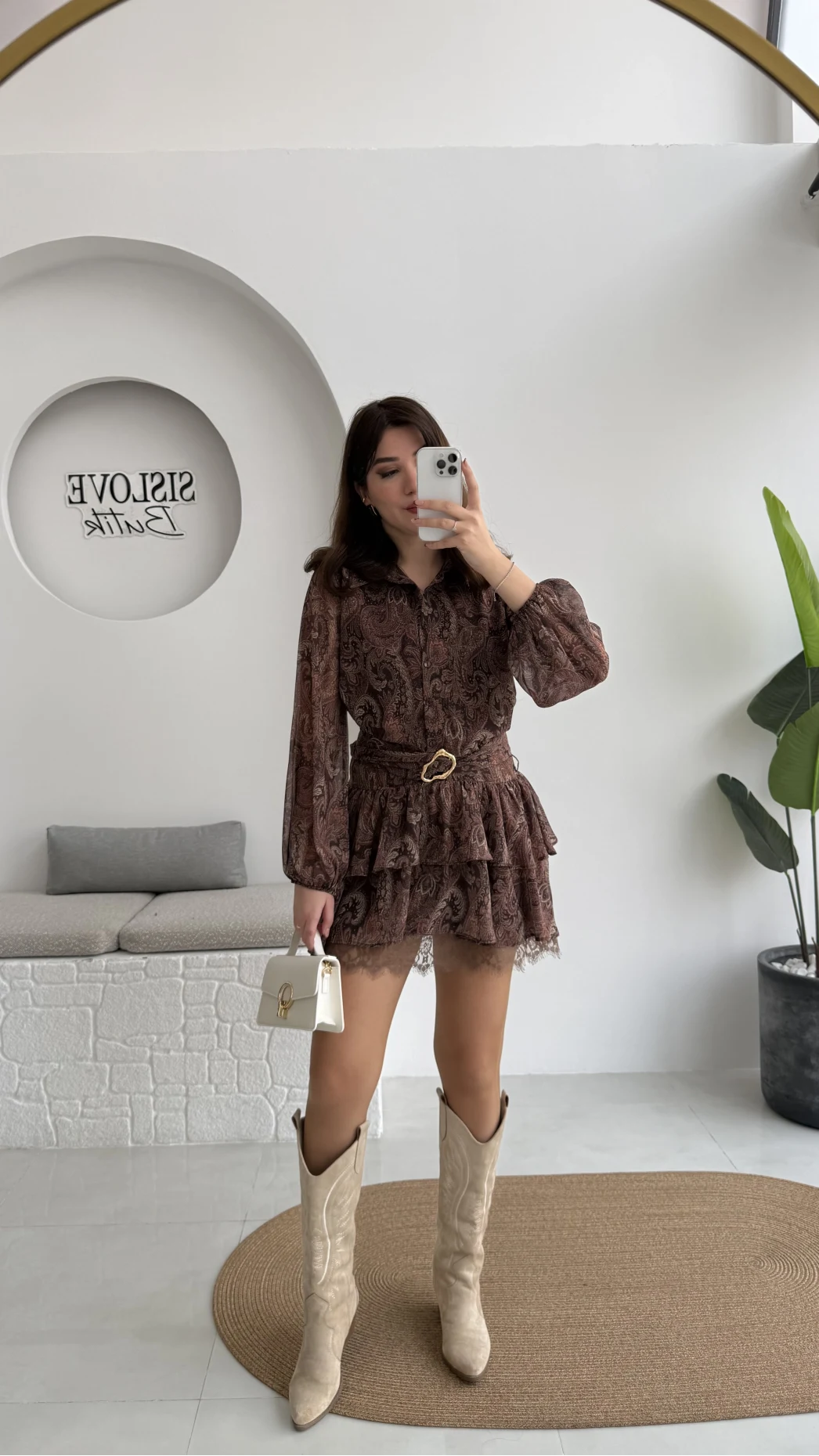 Helen Şifon Kısa Elbise - Kahverengi - Kod: 3071