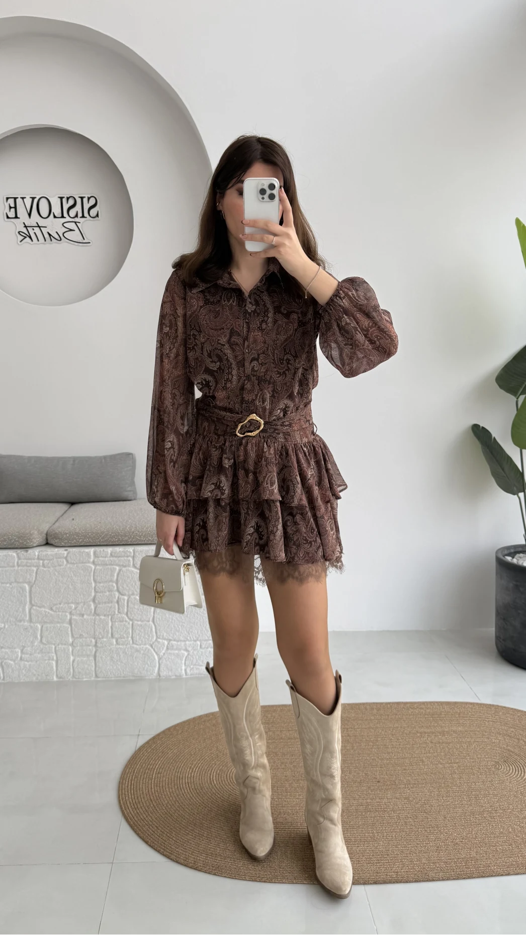 Helen Şifon Kısa Elbise - Kahverengi - Kod: 3071