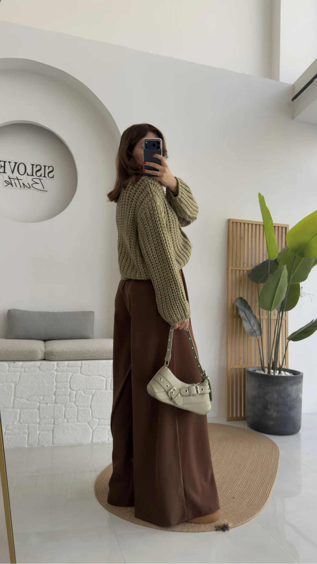 Hera Kemerli Bol Paça Kumaş Pantolon - Kahverengi