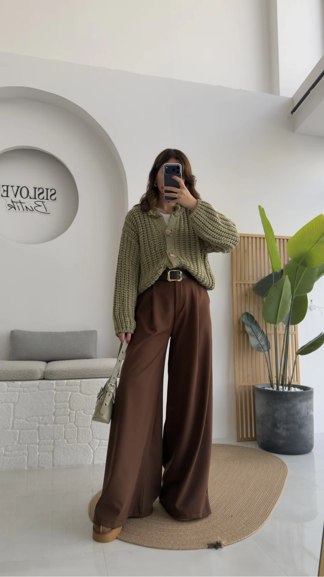 Hera Kemerli Bol Paça Kumaş Pantolon - Kahverengi