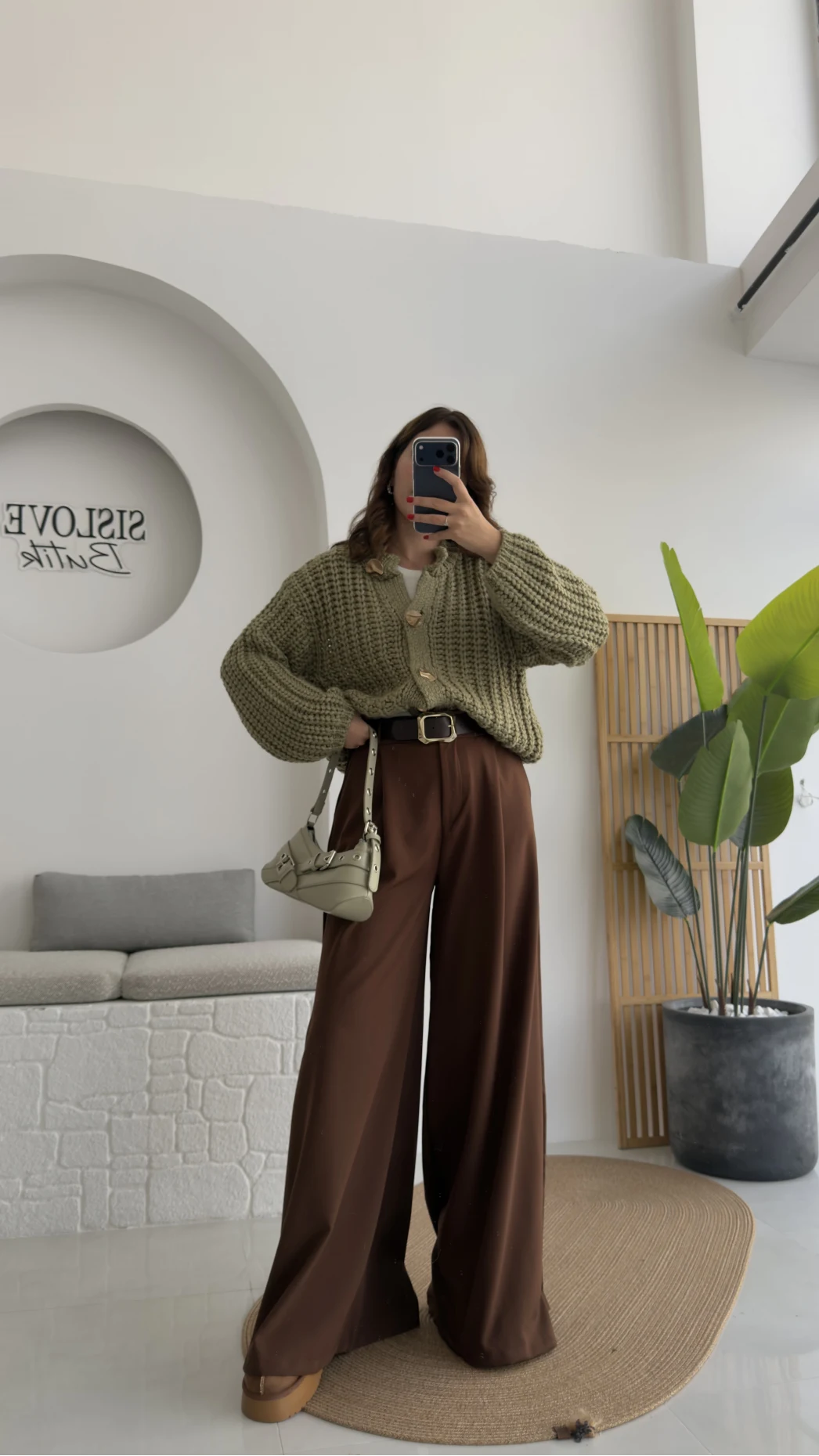 Hera Kemerli Bol Paça Kumaş Pantolon - Kahverengi