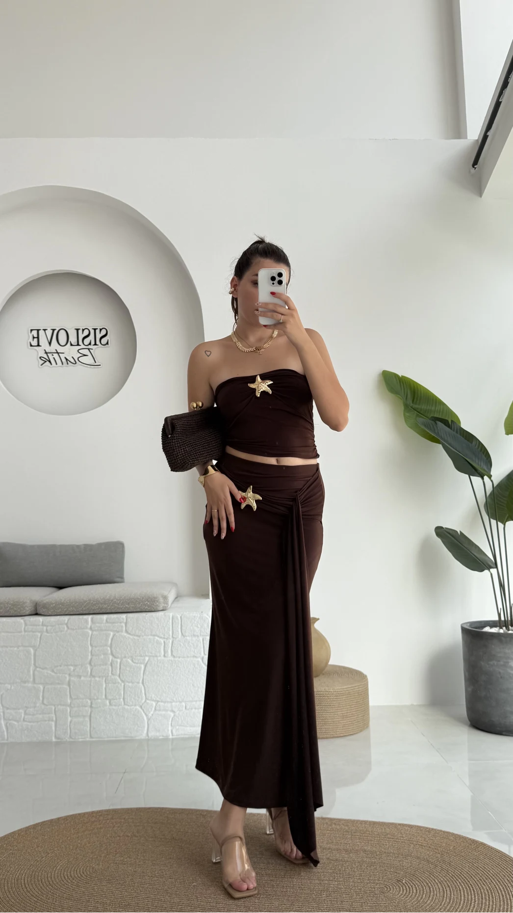 Hilda Deniz Yıldızı Detaylı Straplez Bluz Etek Takım - Kahve - 0510
