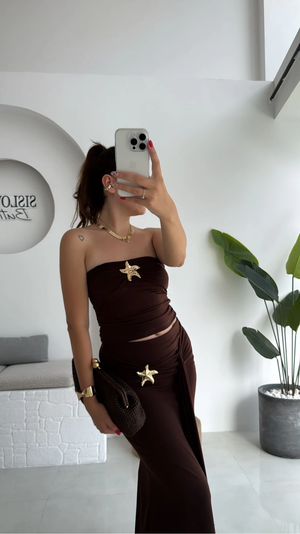 Hilda Deniz Yıldızı Detaylı Straplez Bluz Etek Takım - Kahve - 0510