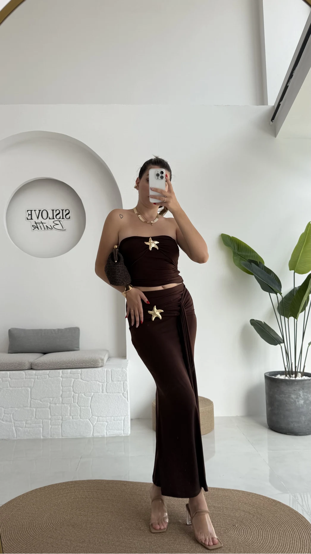 Hilda Deniz Yıldızı Detaylı Straplez Bluz Etek Takım - Kahve - 0510