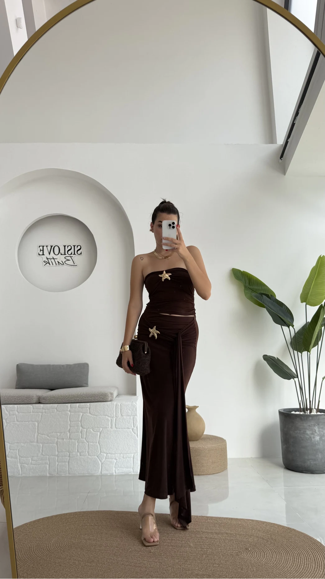 Hilda Deniz Yıldızı Detaylı Straplez Bluz Etek Takım - Kahve - 0510