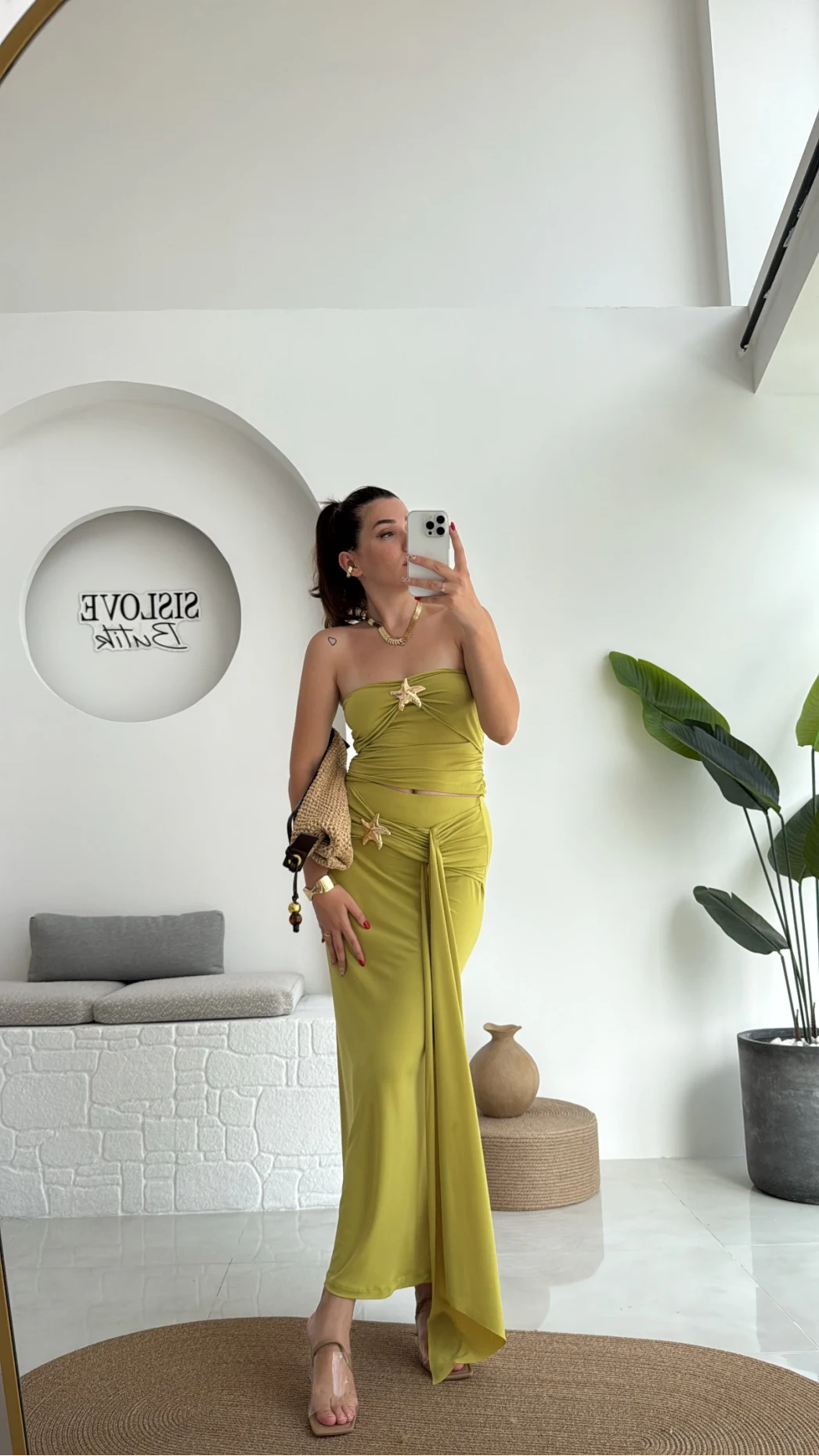 Hilda Deniz Yıldızı Detaylı Straplez Bluz Etek Takım - Yağ Yeşili - 0510