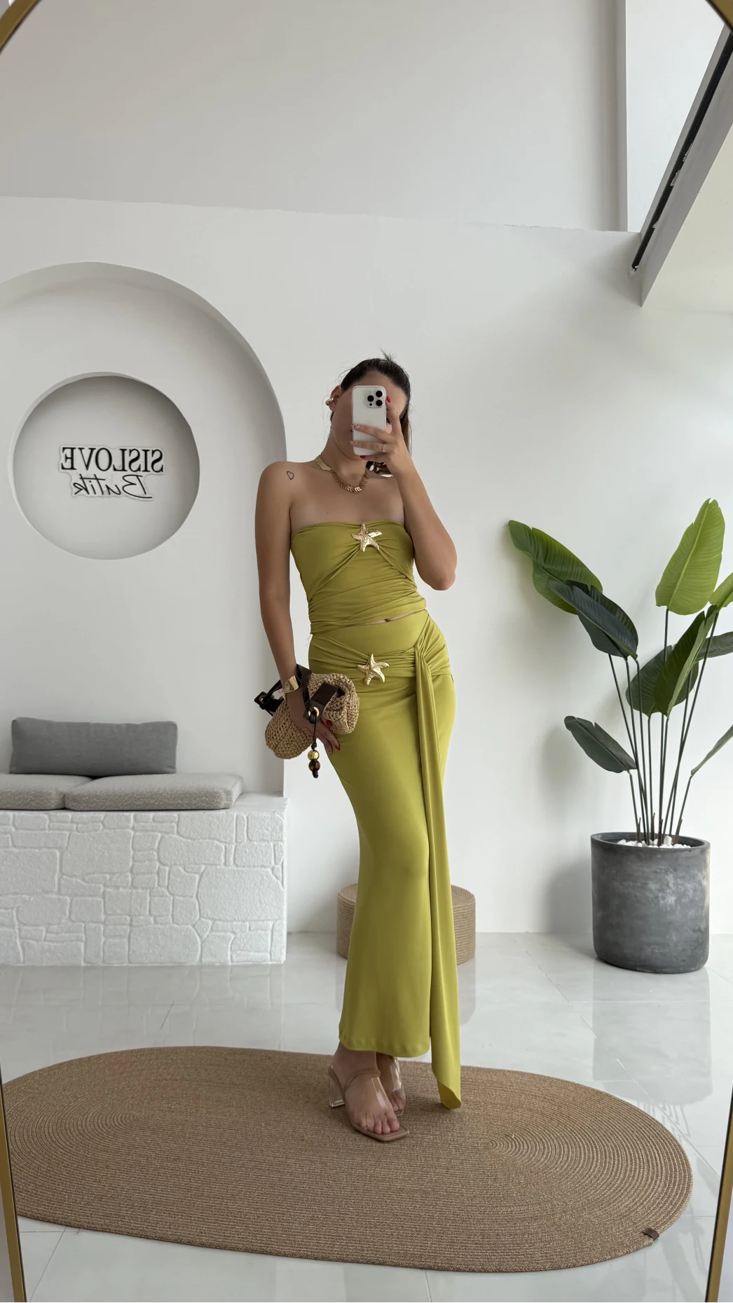 Hilda Deniz Yıldızı Detaylı Straplez Bluz Etek Takım - Yağ Yeşili - 0510