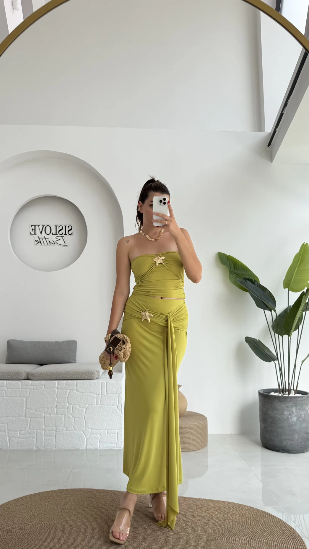 Hilda Deniz Yıldızı Detaylı Straplez Bluz Etek Takım - Yağ Yeşili - 0510
