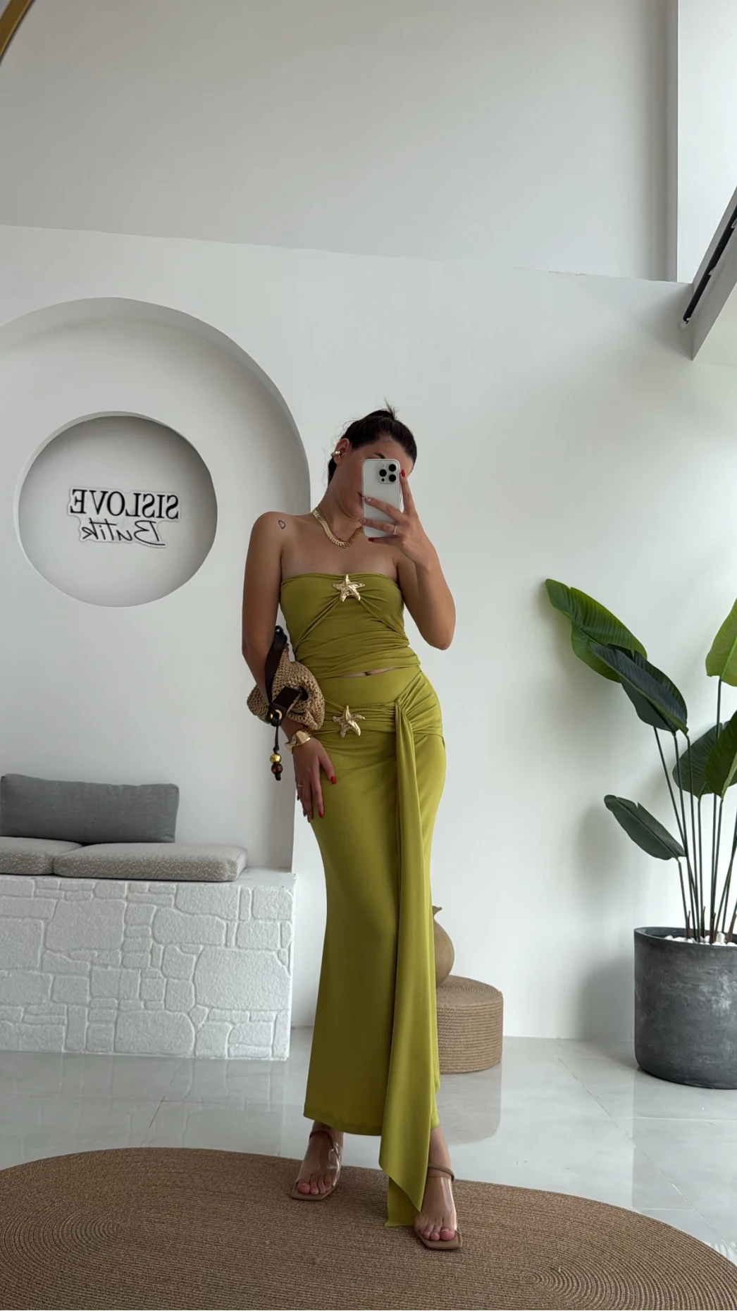 Hilda Deniz Yıldızı Detaylı Straplez Bluz Etek Takım - Yağ Yeşili - 0510