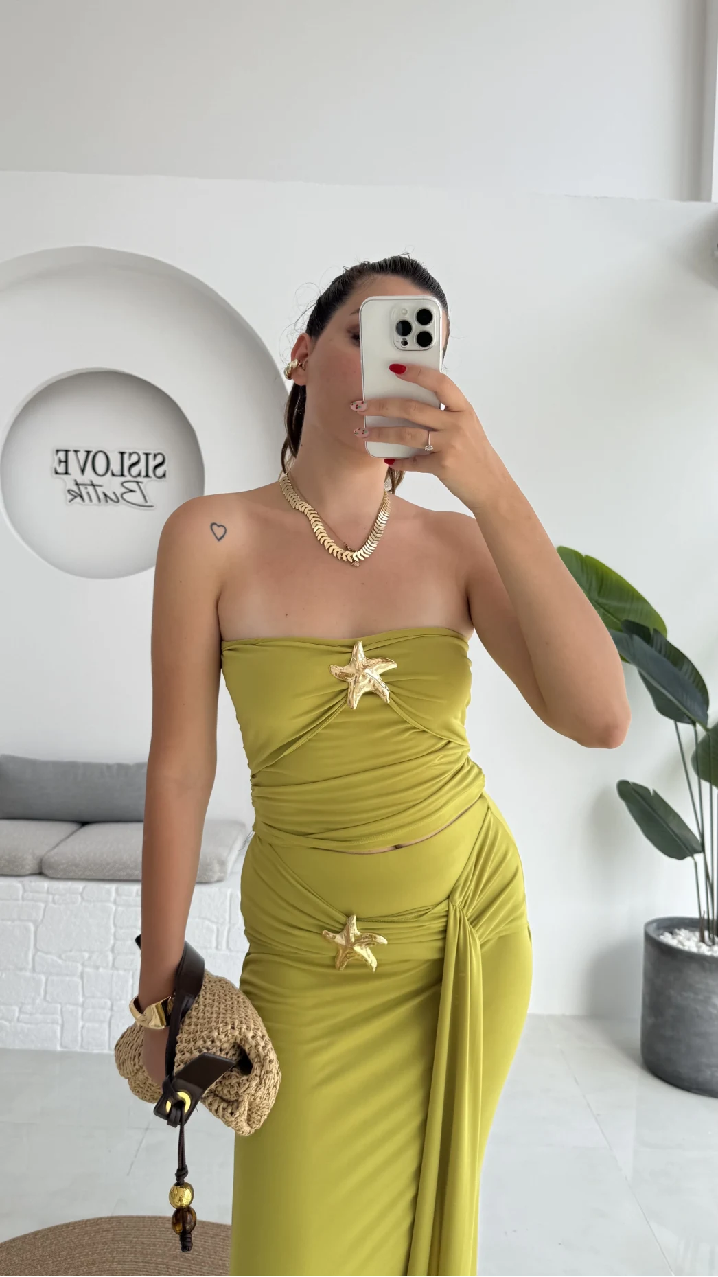Hilda Deniz Yıldızı Detaylı Straplez Bluz Etek Takım - Yağ Yeşili - 0510
