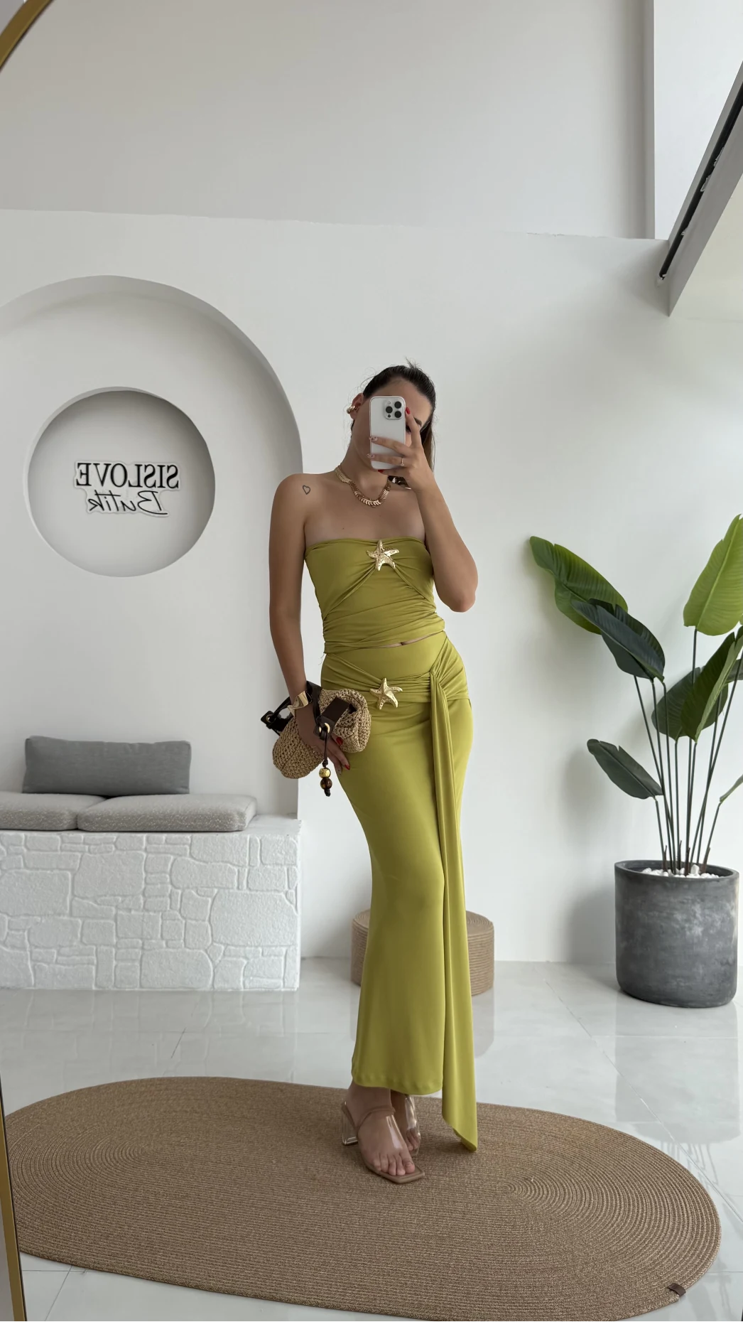 Hilda Deniz Yıldızı Detaylı Straplez Bluz Etek Takım - Yağ Yeşili - 0510