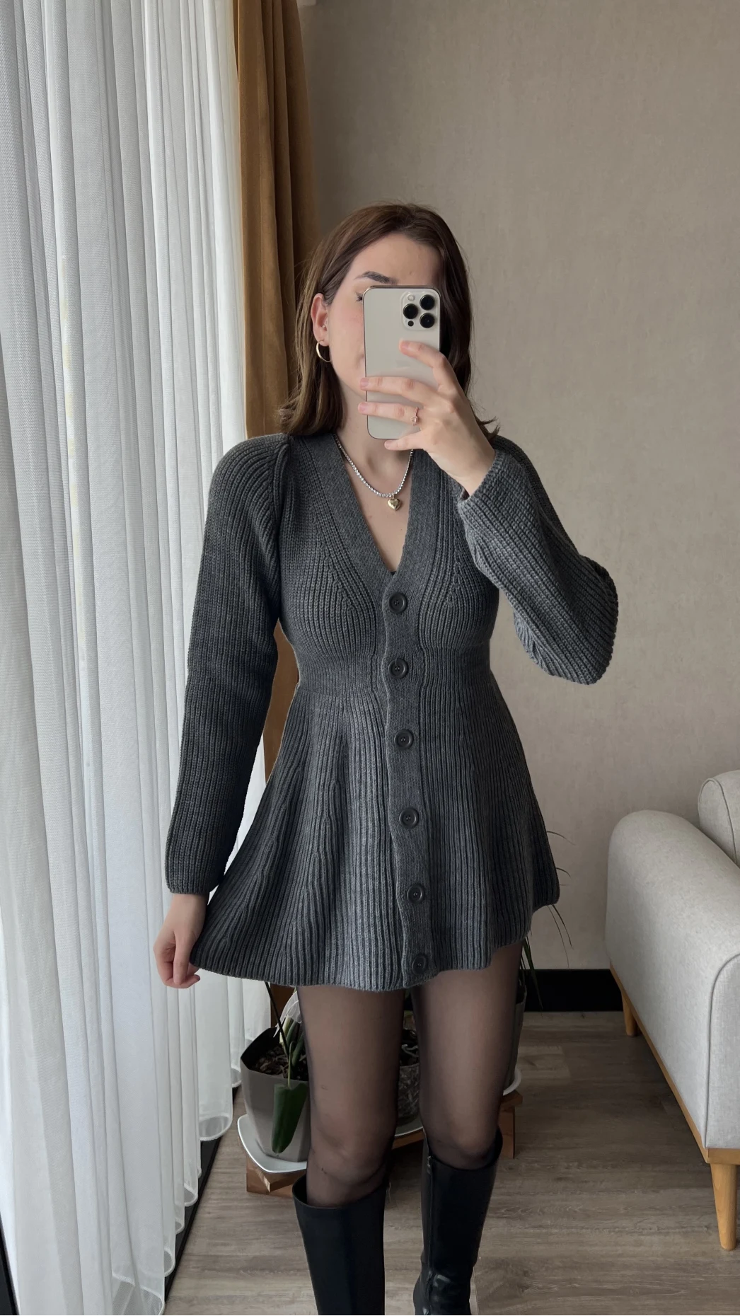 Hot Mini Antrasit Triko Elbise