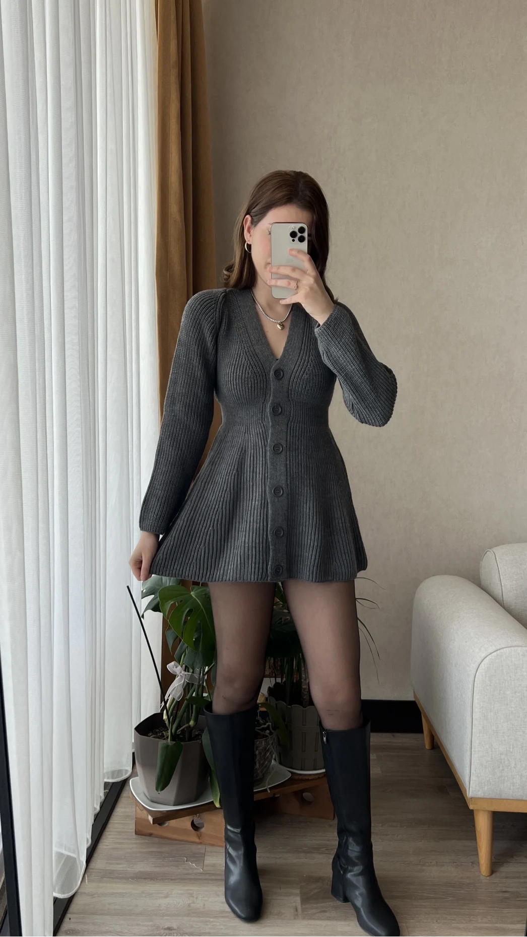 Hot Mini Antrasit Triko Elbise