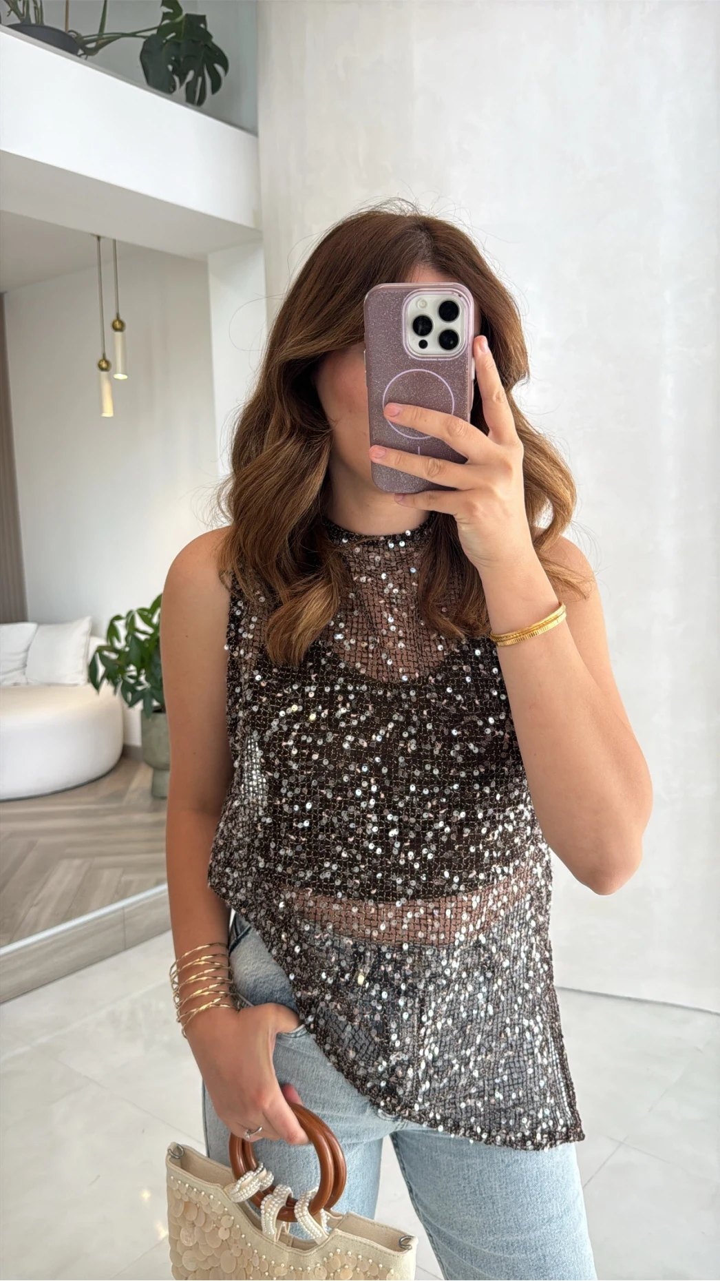 İçi Askılı Body Pullu Bluz - Kahve Siyah Tonları - Kod: 1115