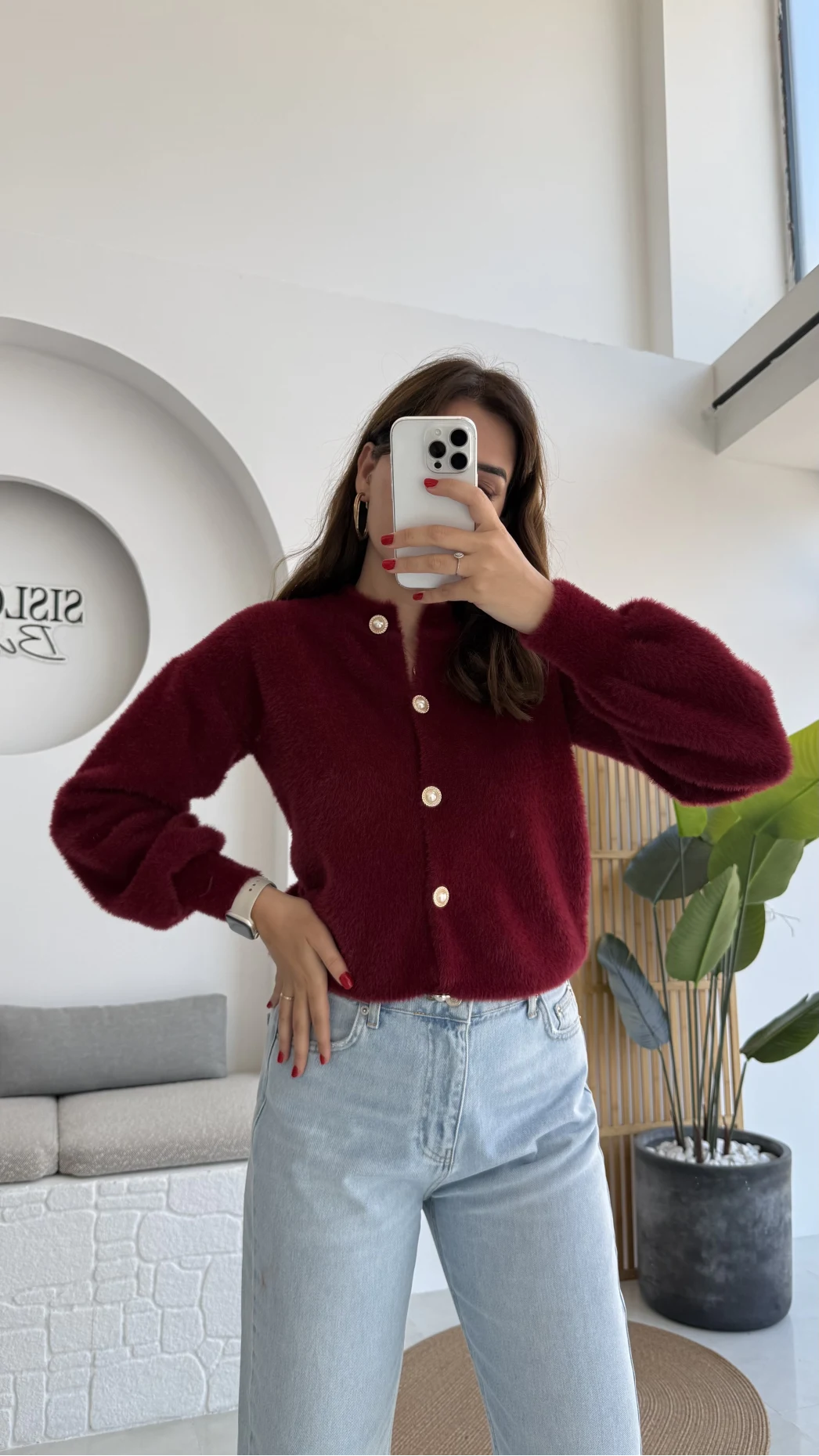 İnci Düğmeli Sakallı Hırka - Bordo - Kod: 25302