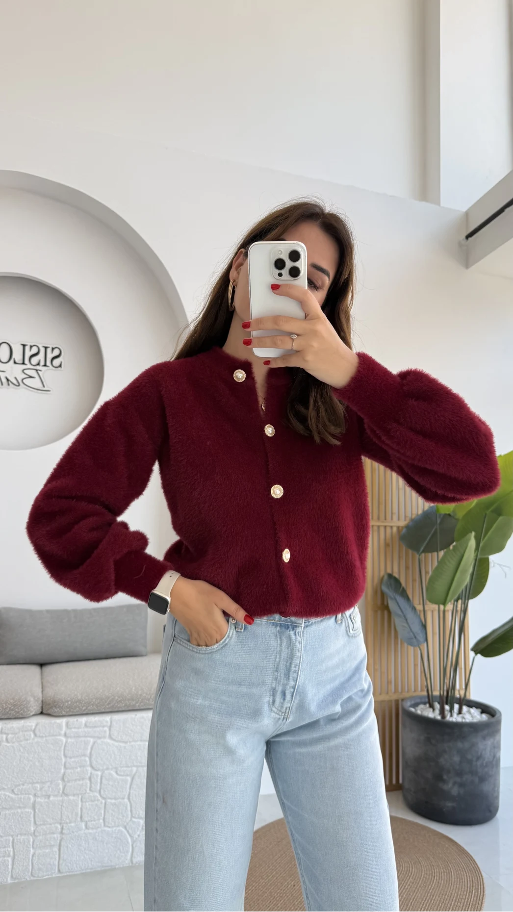 İnci Düğmeli Sakallı Hırka - Bordo - Kod: 25302