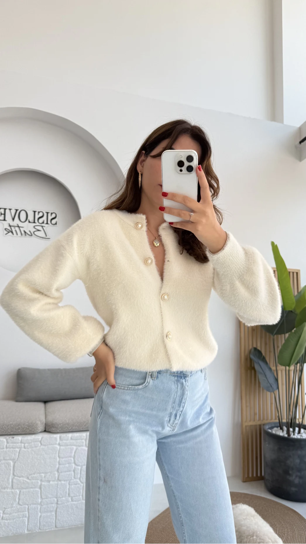 İnci Düğmeli Sakallı Hırka - Ekru - Kod: 25302