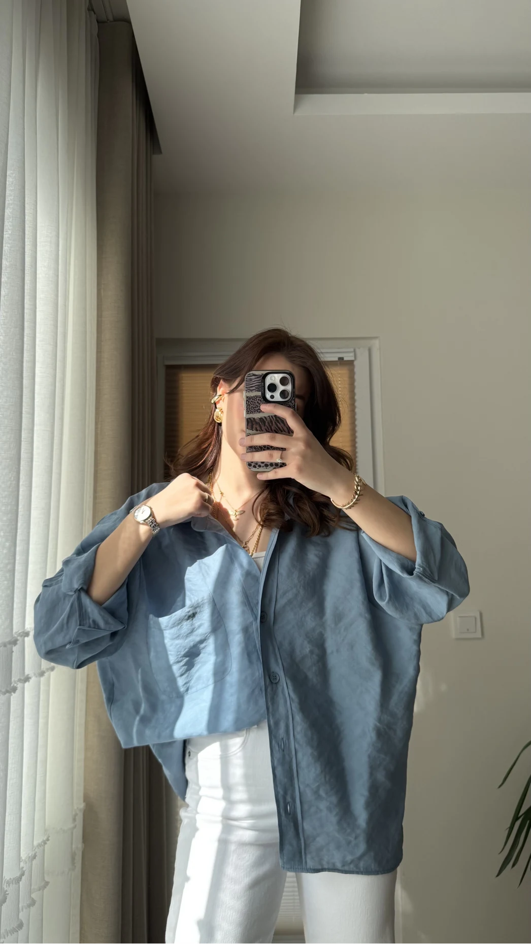 İndigo Mavi Oversize Tensel Gömlek Kod: 4612