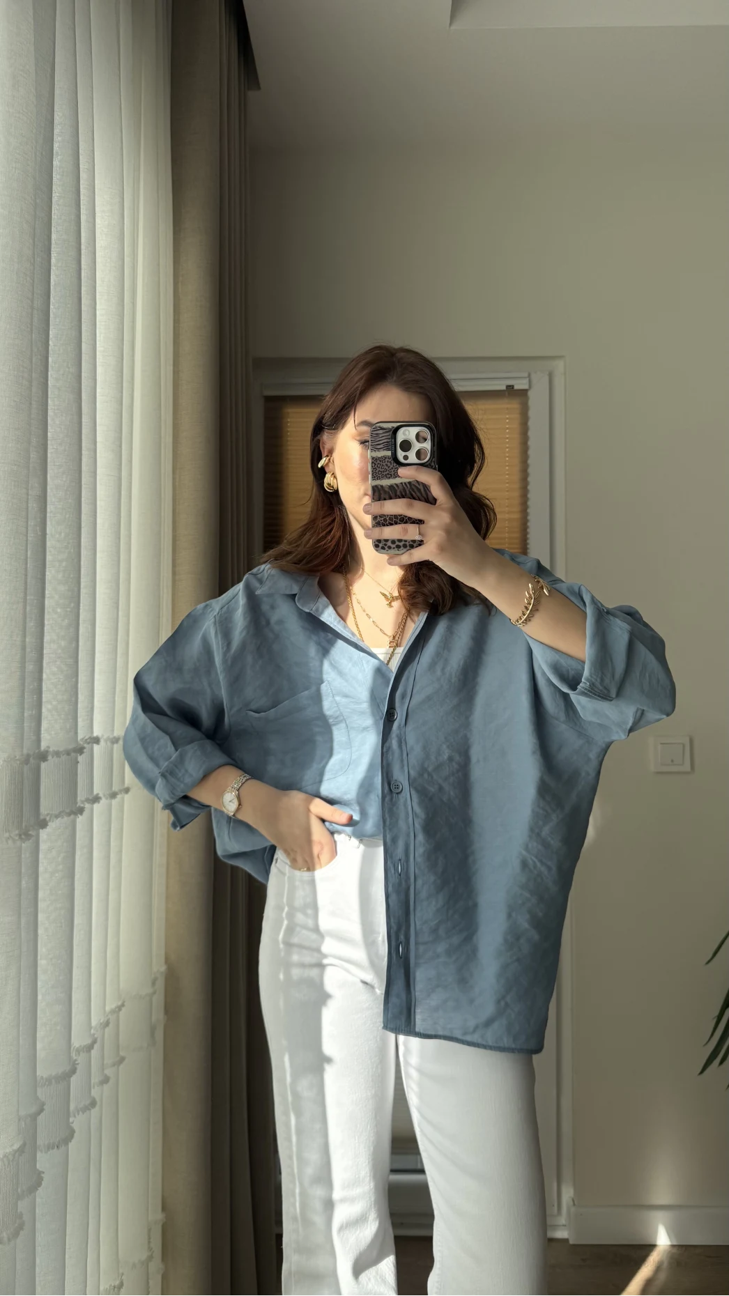 İndigo Mavi Oversize Tensel Gömlek Kod: 4612