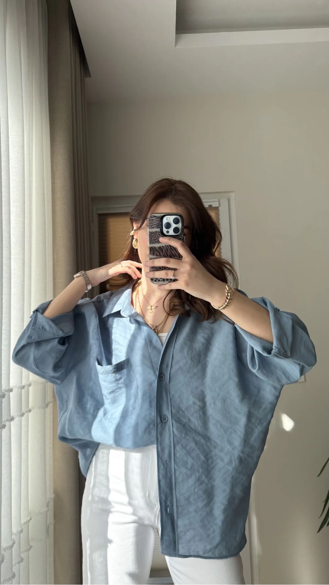İndigo Mavi Oversize Tensel Gömlek Kod: 4612