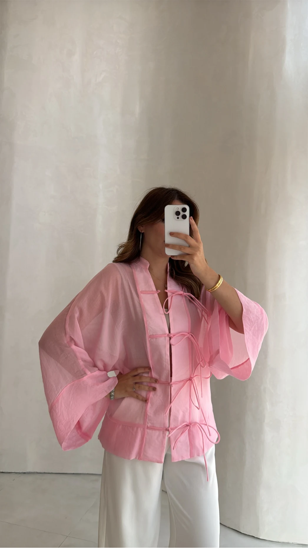 İp Bağcıklı Gömlek - Pembe - Kod: 5098