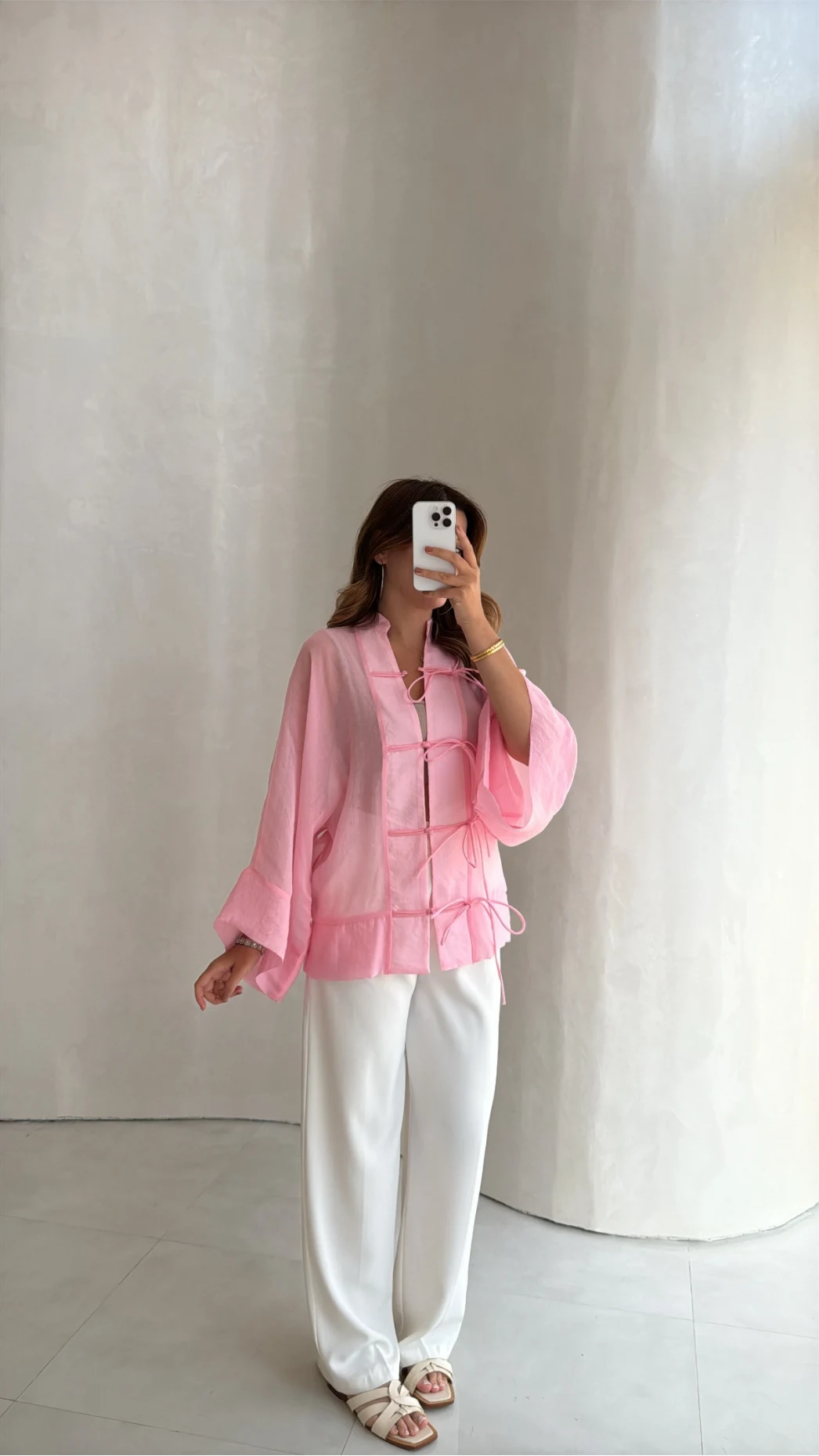 İp Bağcıklı Gömlek - Pembe - Kod: 5098