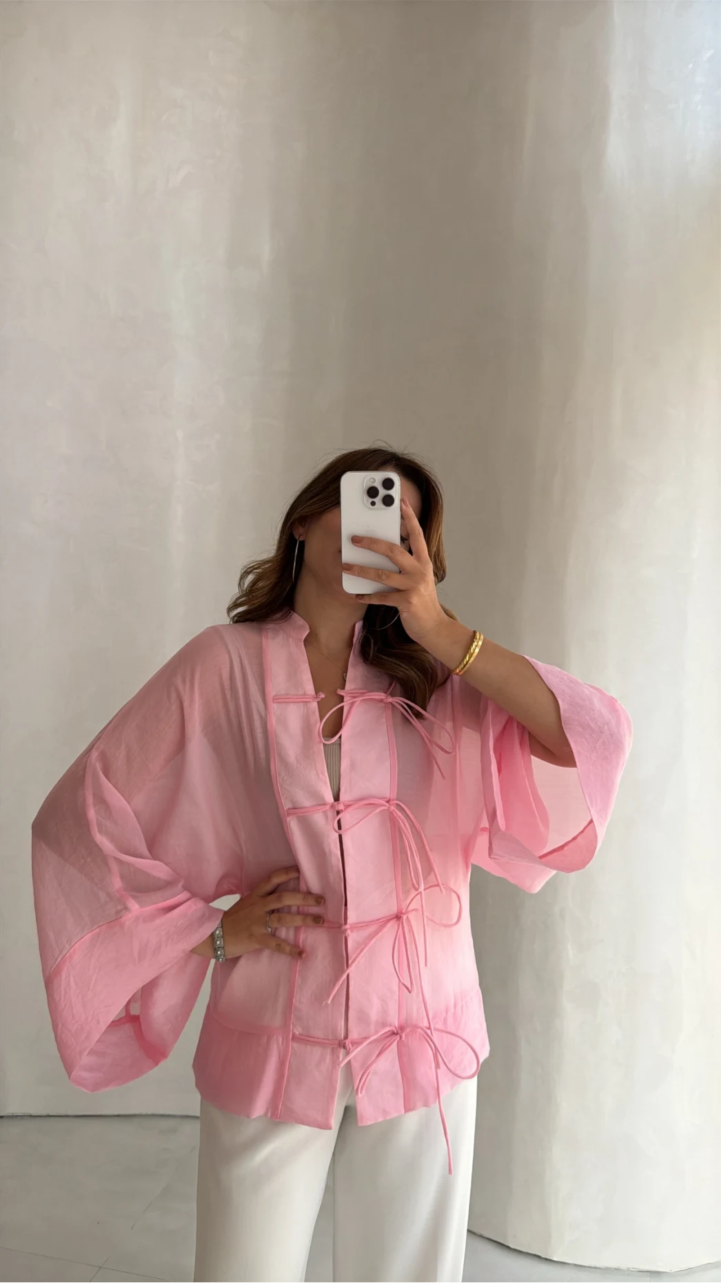 İp Bağcıklı Gömlek - Pembe - Kod: 5098