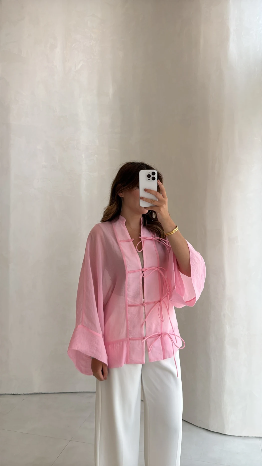 İp Bağcıklı Gömlek - Pembe - Kod: 5098