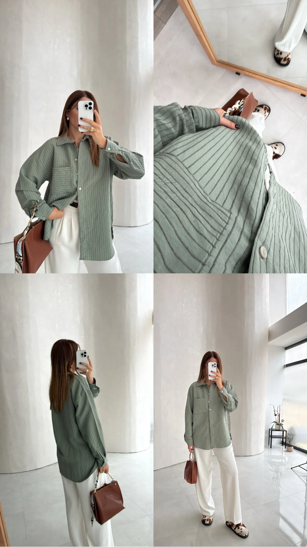Isabella Çizgili Oversize Gömlek - Çağla - Kod: 5000