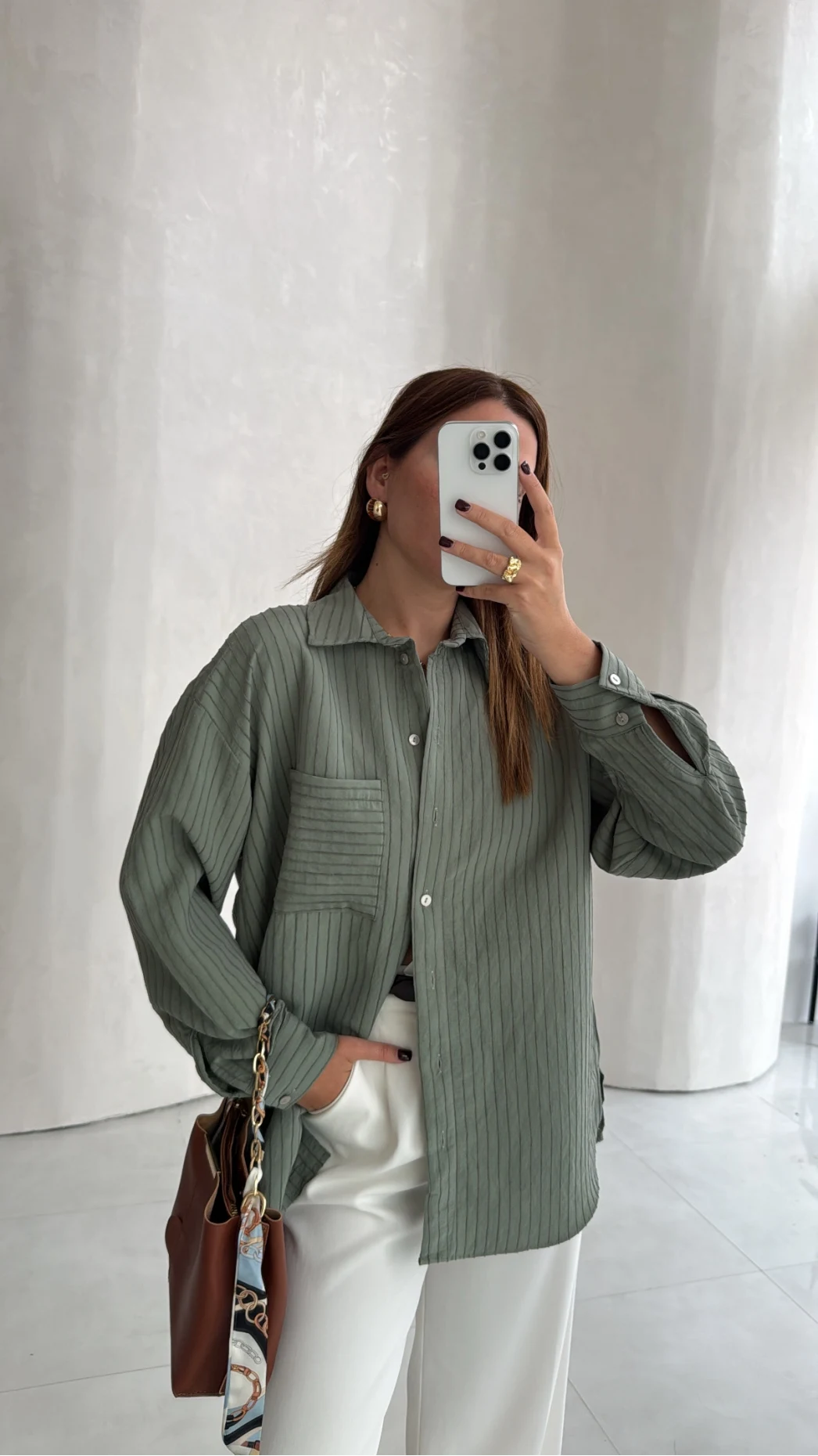 Isabella Çizgili Oversize Gömlek - Çağla - Kod: 5000