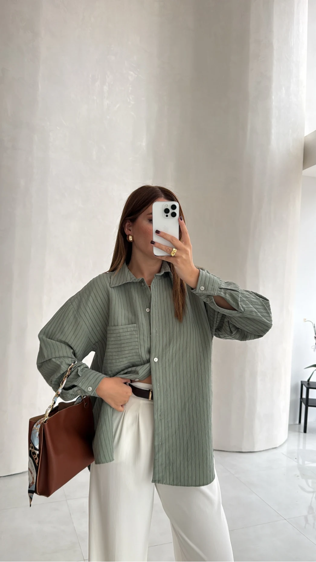 Isabella Çizgili Oversize Gömlek - Çağla - Kod: 5000