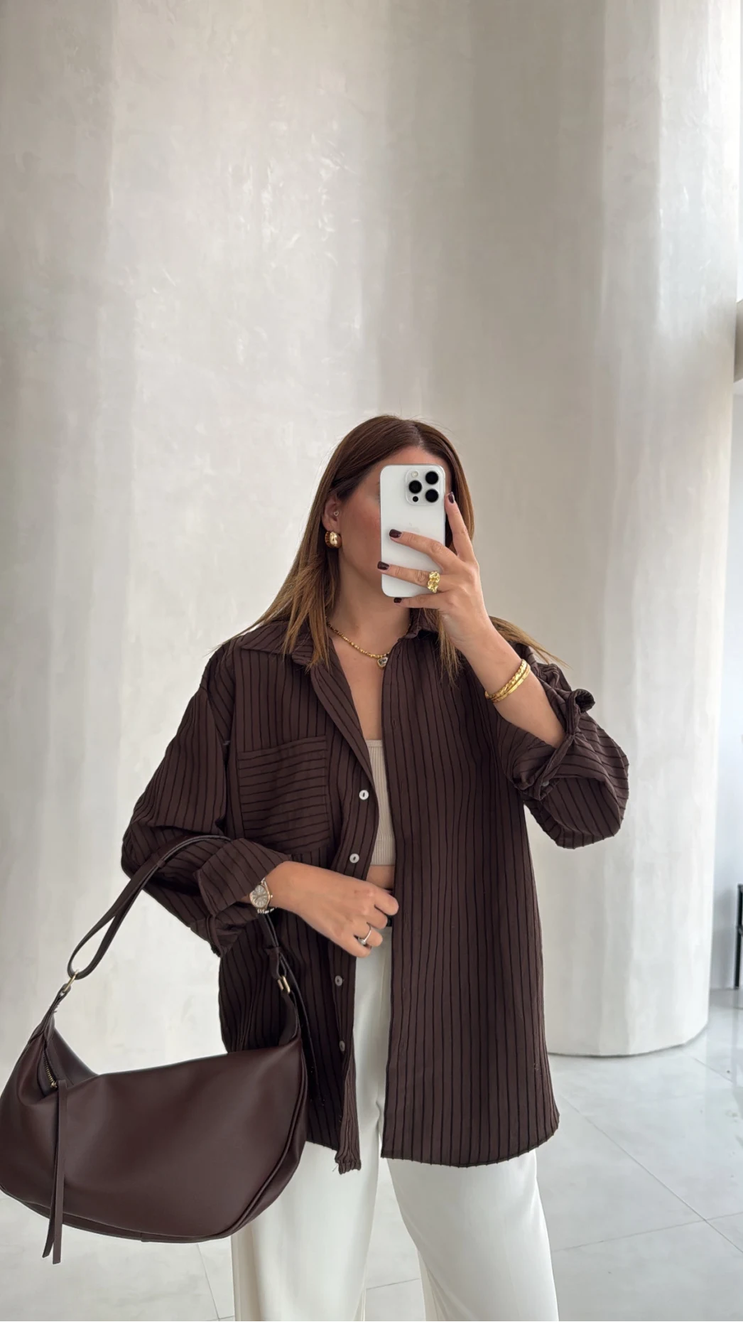 Isabella Çizgili Oversize Gömlek - Kahve - Kod: 5000