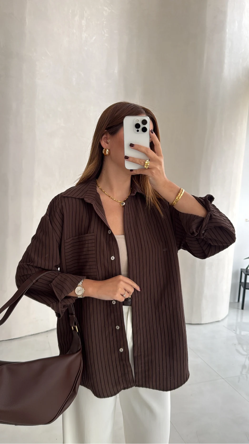 Isabella Çizgili Oversize Gömlek - Kahve - Kod: 5000