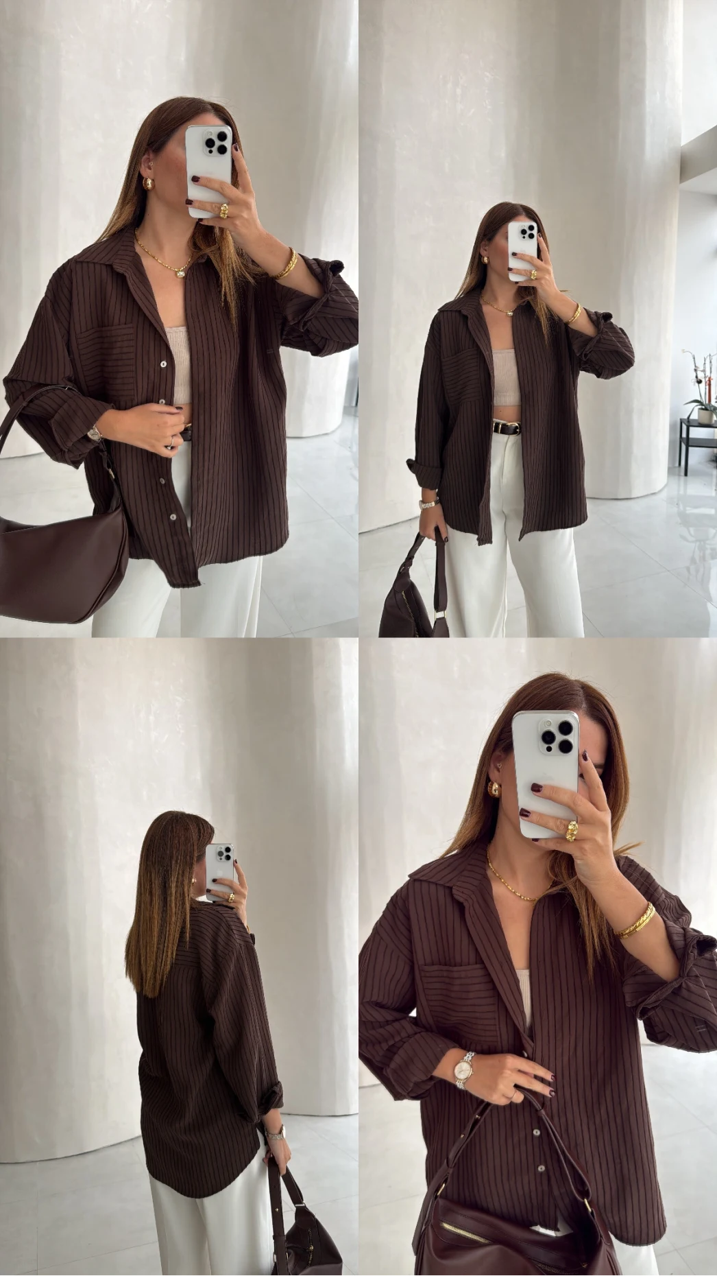 Isabella Çizgili Oversize Gömlek - Kahve - Kod: 5000