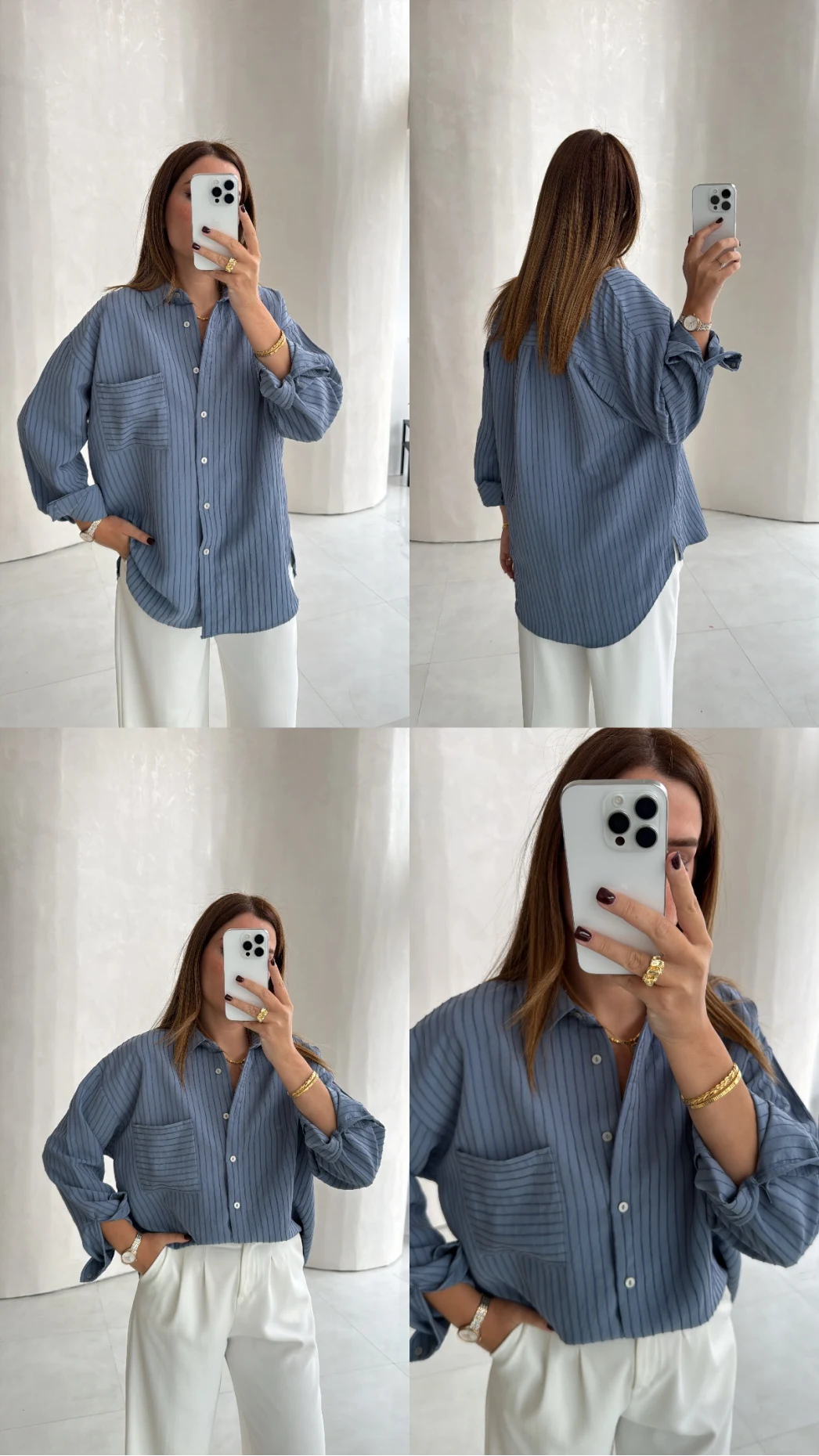 Isabella Çizgili Oversize Gömlek - Mavi - Kod: 5000