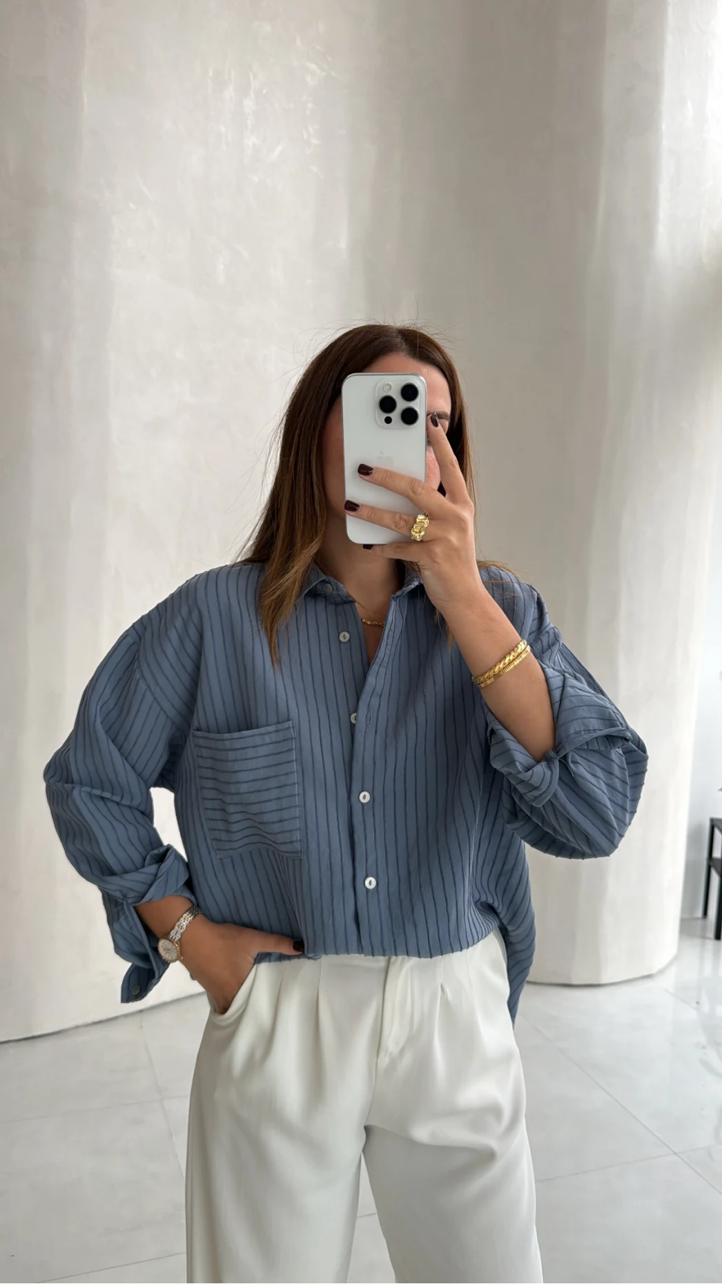 Isabella Çizgili Oversize Gömlek - Mavi - Kod: 5000