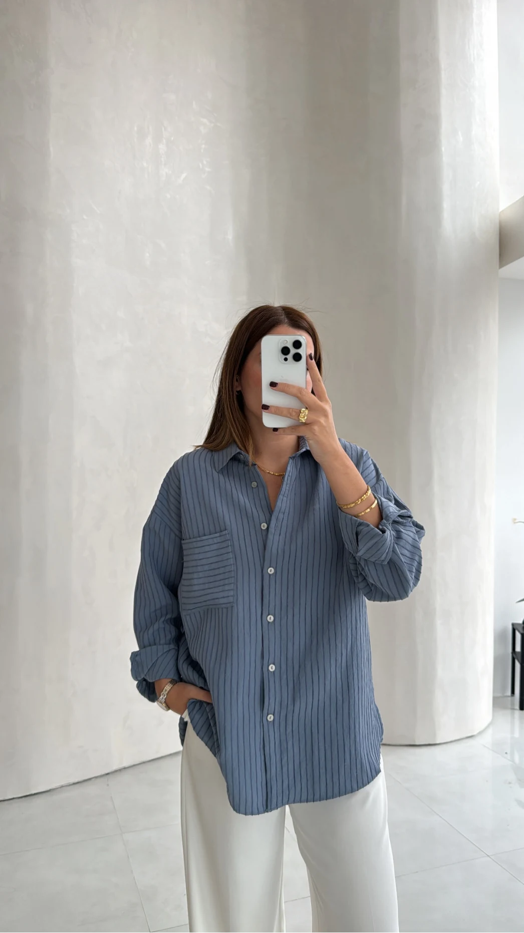 Isabella Çizgili Oversize Gömlek - Mavi - Kod: 5000