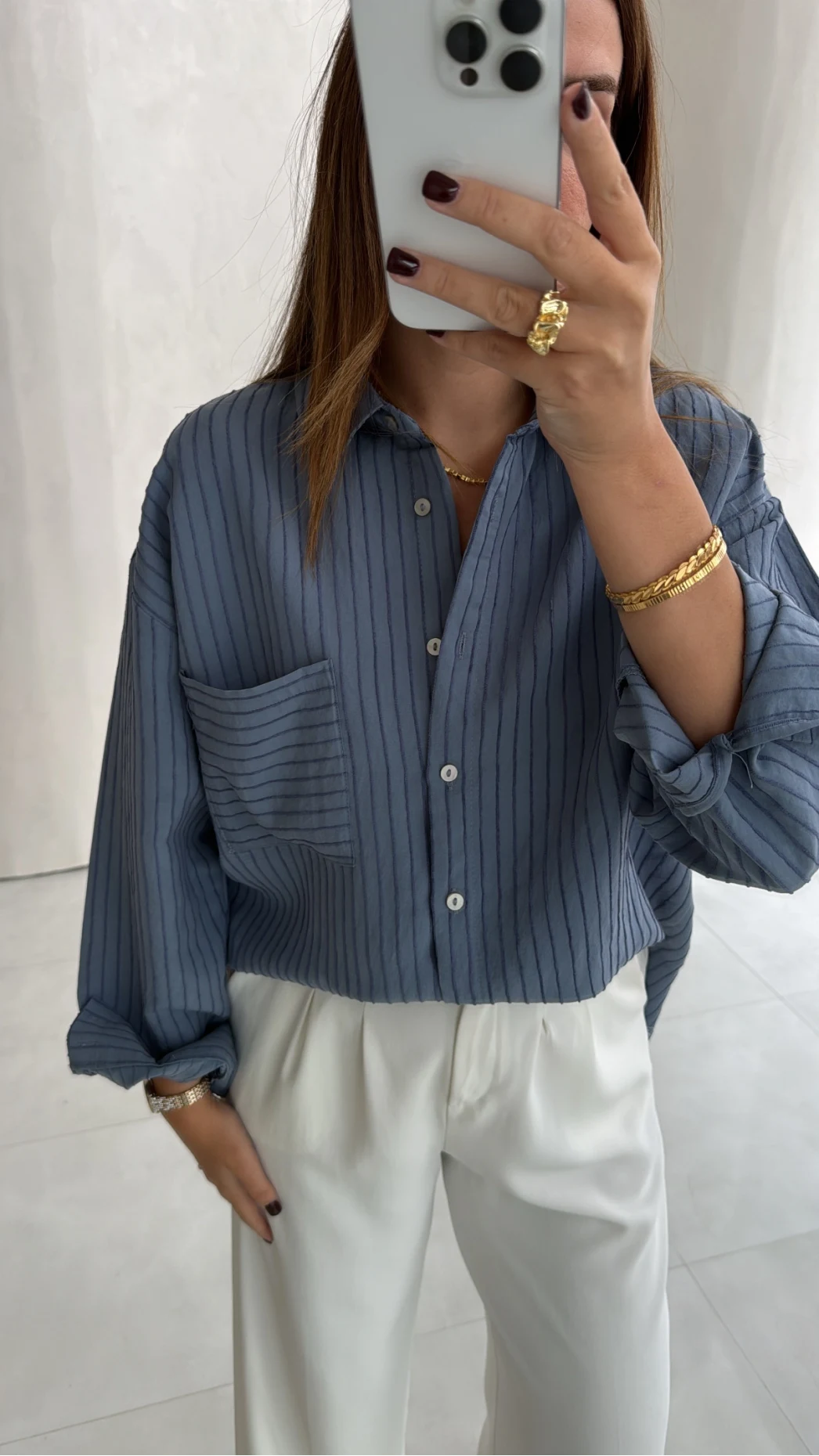 Isabella Çizgili Oversize Gömlek - Mavi - Kod: 5000