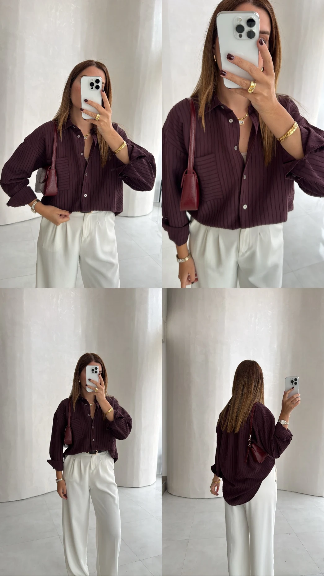 Isabella Çizgili Oversize Gömlek - Mürdüm - Kod: 5000