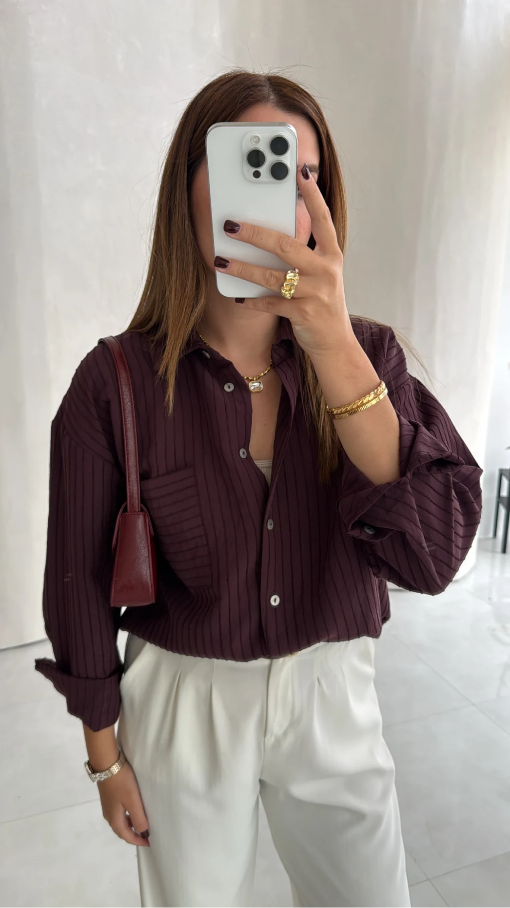 Isabella Çizgili Oversize Gömlek - Mürdüm - Kod: 5000