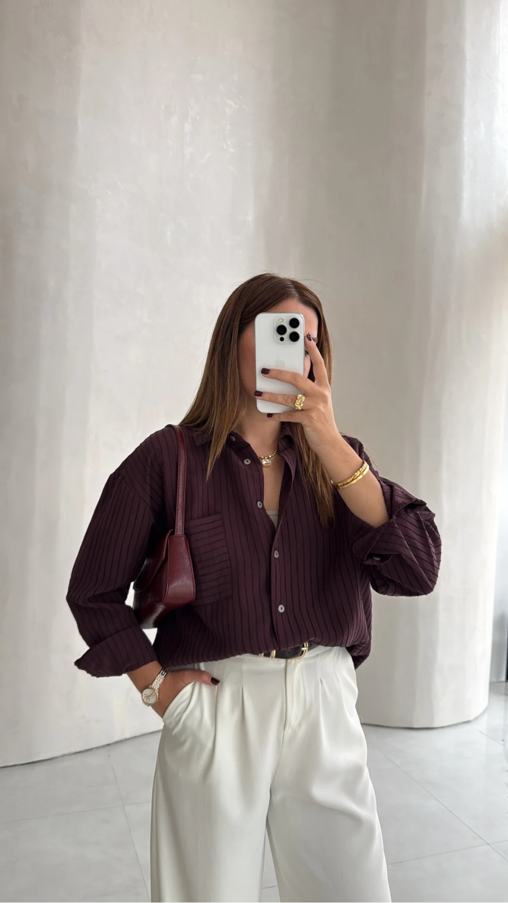 Isabella Çizgili Oversize Gömlek - Mürdüm - Kod: 5000