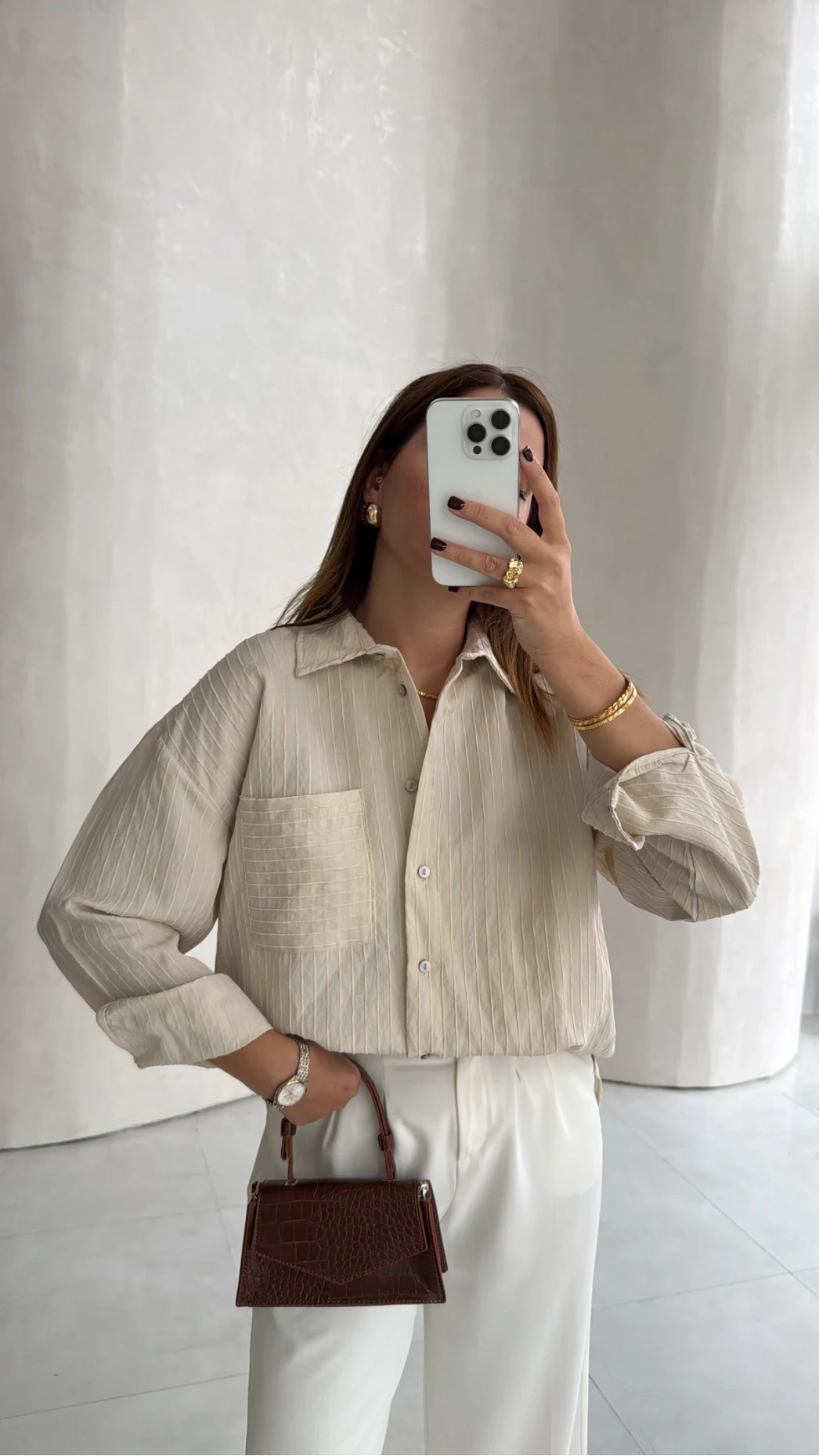 Isabella Çizgili Oversize Gömlek - Taş - Kod: 5000