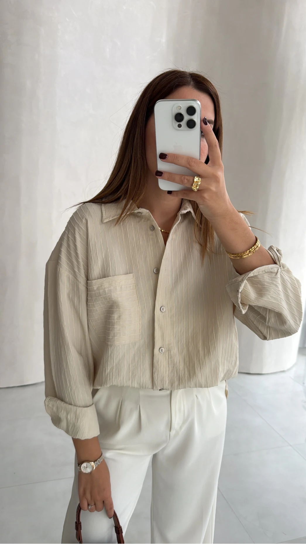Isabella Çizgili Oversize Gömlek - Taş - Kod: 5000