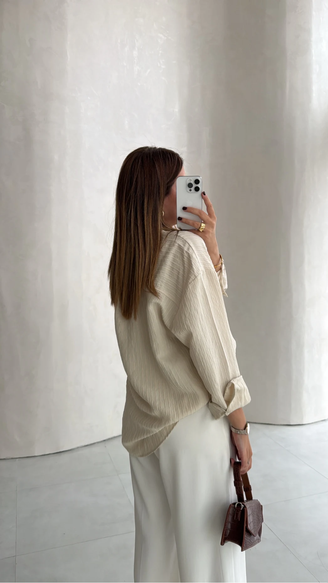 Isabella Çizgili Oversize Gömlek - Taş - Kod: 5000