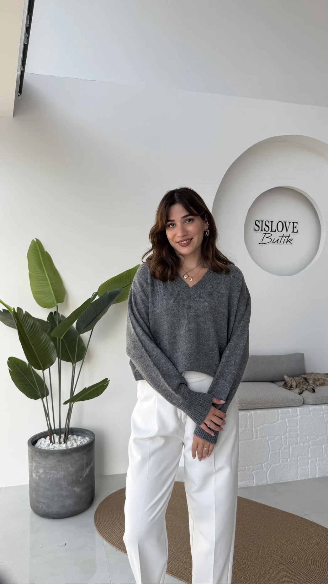 İsabella V Yaka Kazak - Antrasit